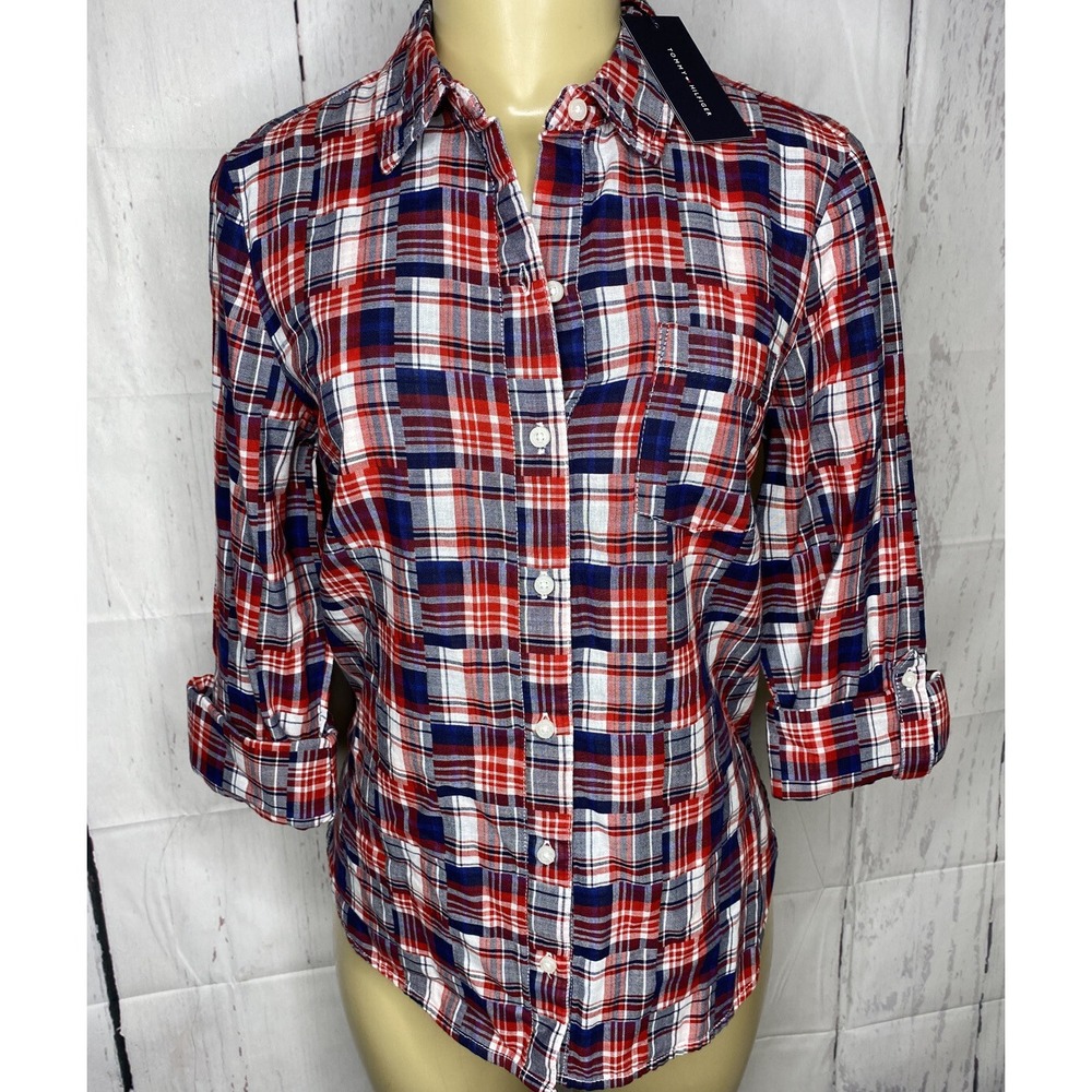 Tommy Hilfiger Shirt Women XS Heritage Top Patchwork L/S Button Front Flag NWT - Picture 5 of 9